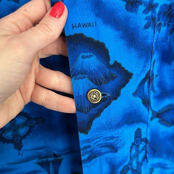 Ui-Maikai Blue Island Map Print Vintage 60s Hawaiian Button Front Camp Shirt - Picture 7 of 10